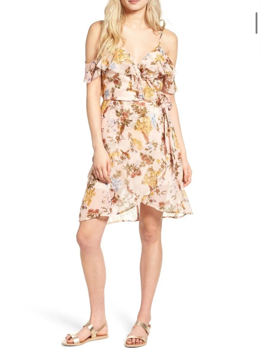 Band Of Gypsies Ruffle Shoulder Pink Cream Floral Print Wrap Dress• Medium